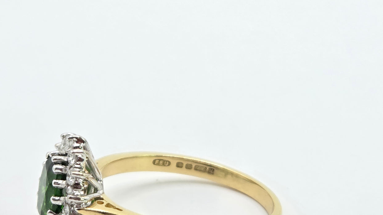 Vintage: 18ct Yellow Gold Green Tourmaline & Diamond 0.28ct Oval Cluster Ring — From 1994