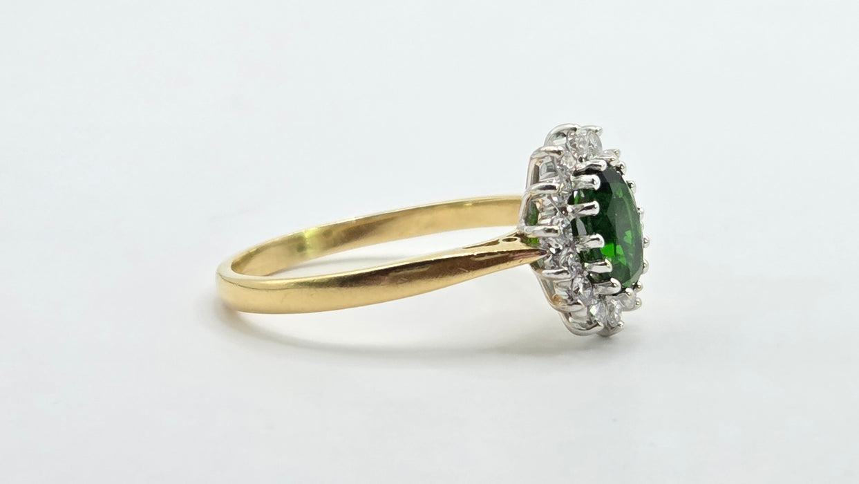 Vintage: 18ct Yellow Gold Green Tourmaline & Diamond 0.28ct Oval Cluster Ring — From 1994