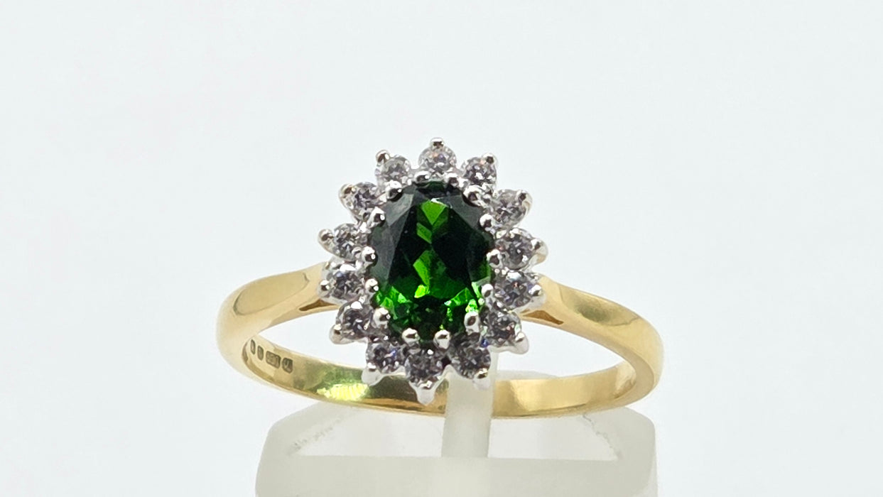 Vintage: 18ct Yellow Gold Green Tourmaline & Diamond 0.28ct Oval Cluster Ring — From 1994