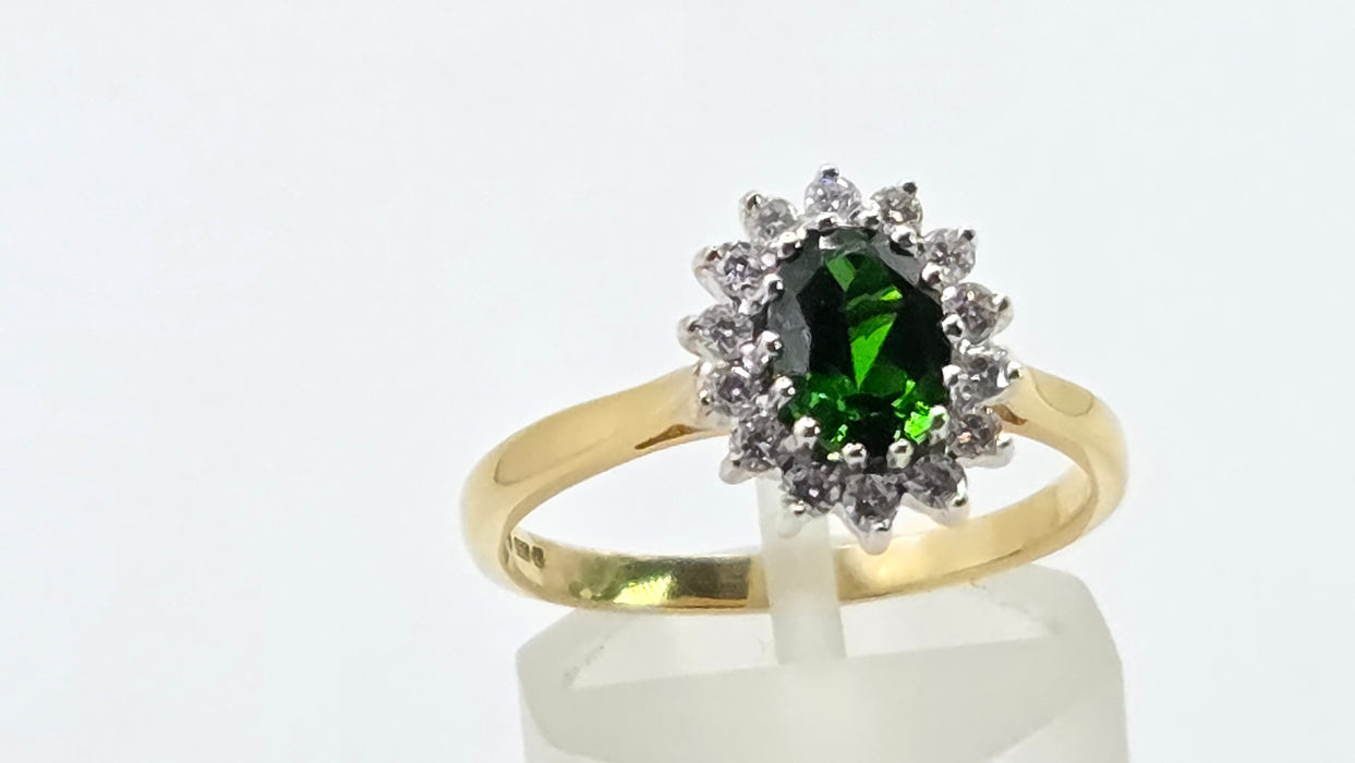 Vintage: 18ct Yellow Gold Green Tourmaline & Diamond 0.28ct Oval Cluster Ring — From 1994