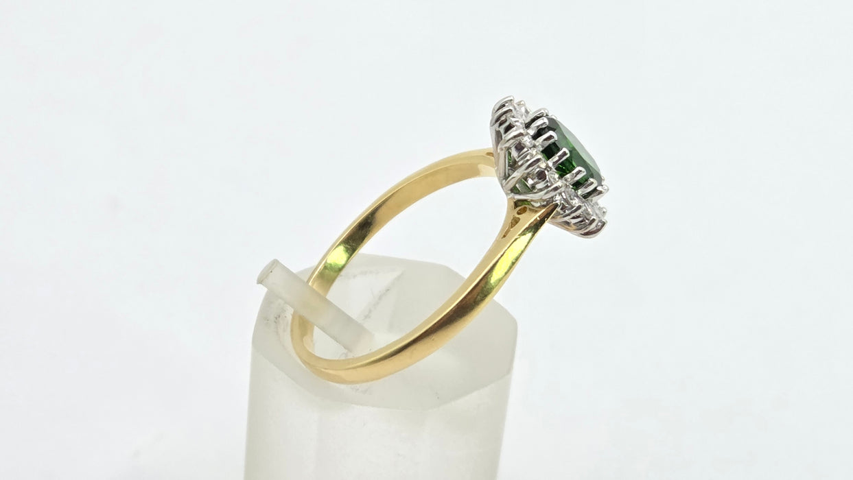 Vintage: 18ct Yellow Gold Green Tourmaline & Diamond 0.28ct Oval Cluster Ring — From 1994