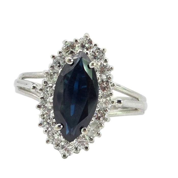 Vintage: 18ct White Gold Marquise Sapphire 1.79ct & Diamond 0.64ct Cluster Dress Ring — From 1975
