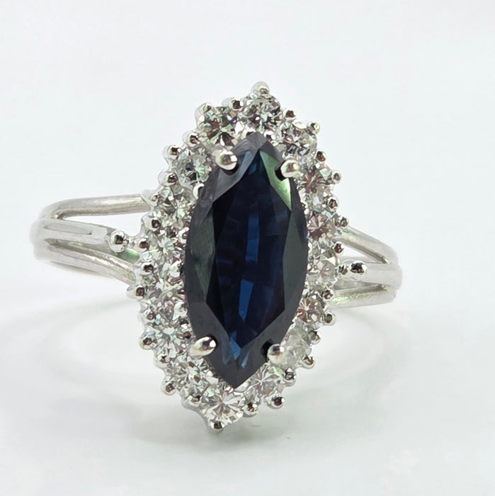 Vintage: 18ct White Gold Marquise Sapphire 1.79ct & Diamond 0.64ct Cluster Dress Ring — From 1975