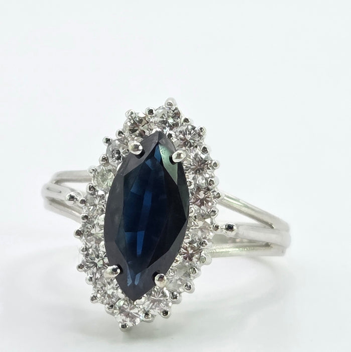 Vintage: 18ct White Gold Marquise Sapphire 1.79ct & Diamond 0.64ct Cluster Dress Ring — From 1975