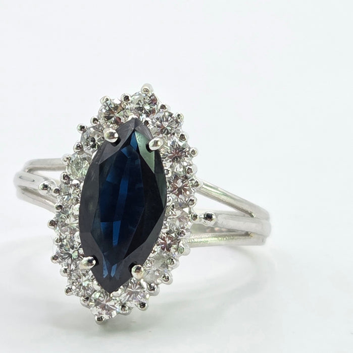 Vintage: 18ct White Gold Marquise Sapphire 1.79ct & Diamond 0.64ct Cluster Dress Ring — From 1975