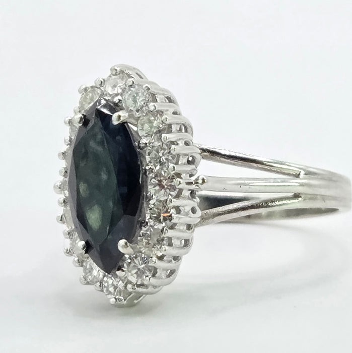 Vintage: 18ct White Gold Marquise Sapphire 1.79ct & Diamond 0.64ct Cluster Dress Ring — From 1975