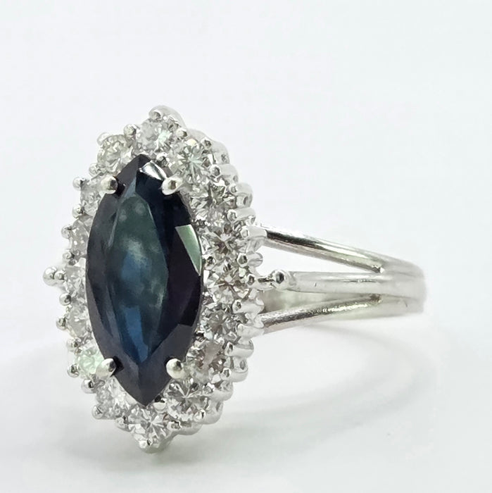Vintage: 18ct White Gold Marquise Sapphire 1.79ct & Diamond 0.64ct Cluster Dress Ring — From 1975