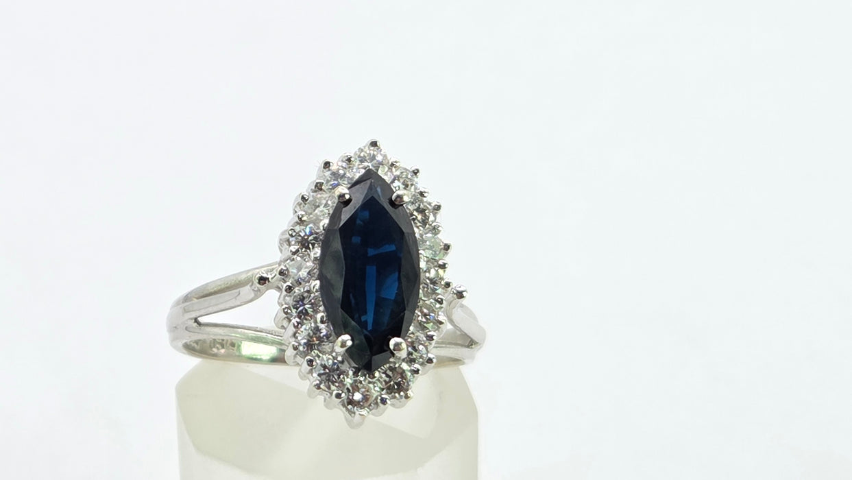 Vintage: 18ct White Gold Marquise Sapphire 1.79ct & Diamond 0.64ct Cluster Dress Ring — From 1975