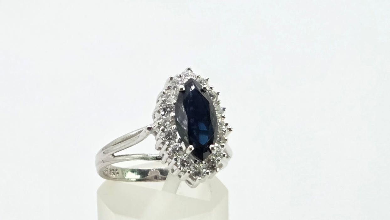 Vintage: 18ct White Gold Marquise Sapphire 1.79ct & Diamond 0.64ct Cluster Dress Ring — From 1975