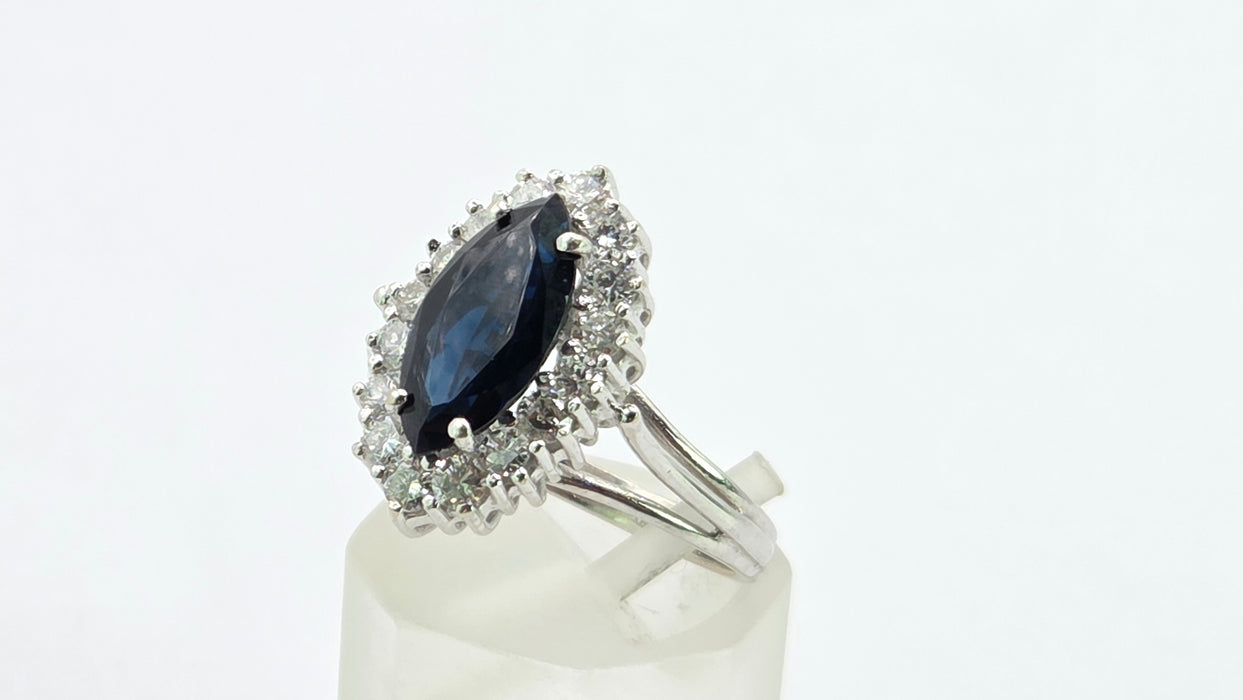 Vintage: 18ct White Gold Marquise Sapphire 1.79ct & Diamond 0.64ct Cluster Dress Ring — From 1975
