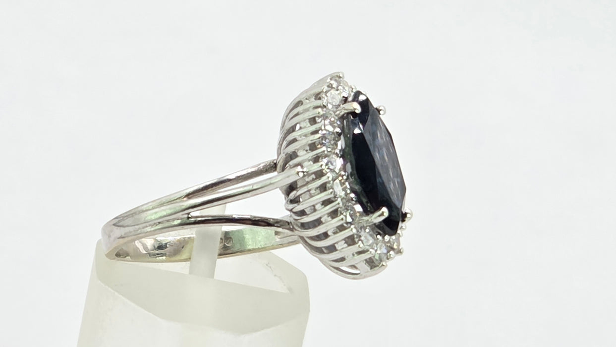 Vintage: 18ct White Gold Marquise Sapphire 1.79ct & Diamond 0.64ct Cluster Dress Ring — From 1975
