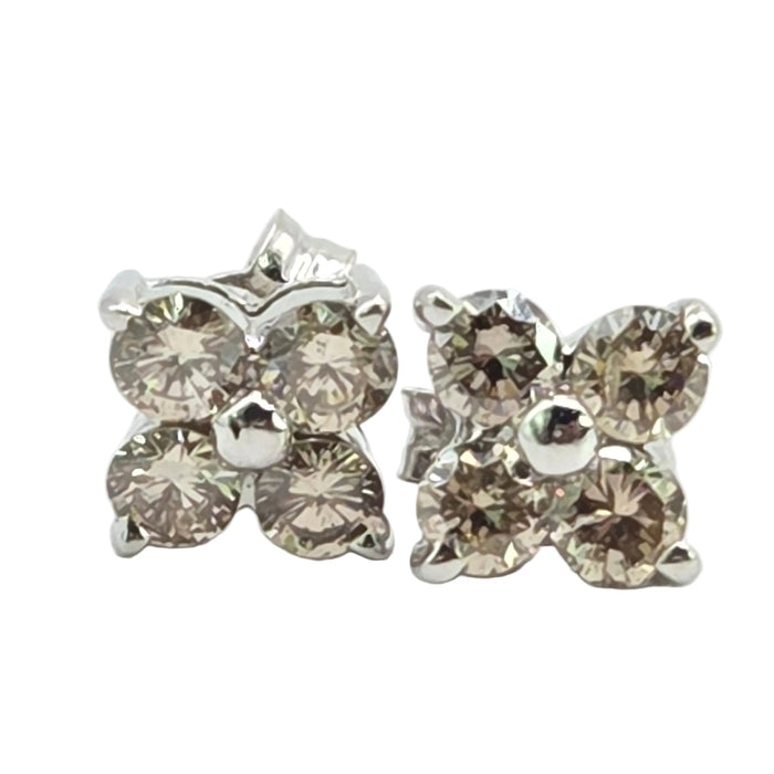 Vintage: 18ct White Gold Champagne Diamond 0.50ct Square Cluster Stud Earrings