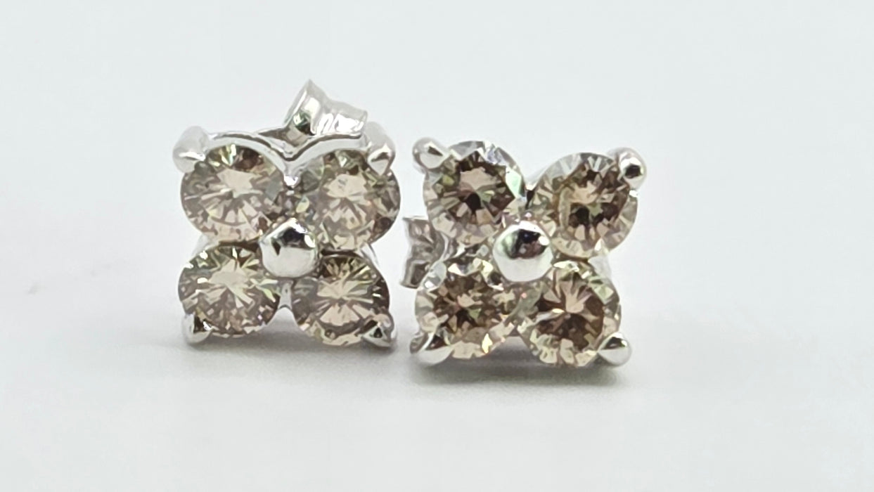 Vintage: 18ct White Gold Champagne Diamond 0.50ct Square Cluster Stud Earrings