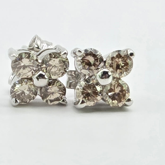 Vintage: 18ct White Gold Champagne Diamond 0.50ct Square Cluster Stud Earrings