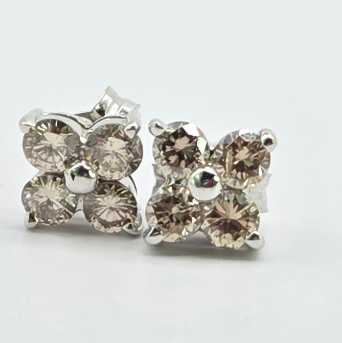 Vintage: 18ct White Gold Champagne Diamond 0.50ct Square Cluster Stud Earrings