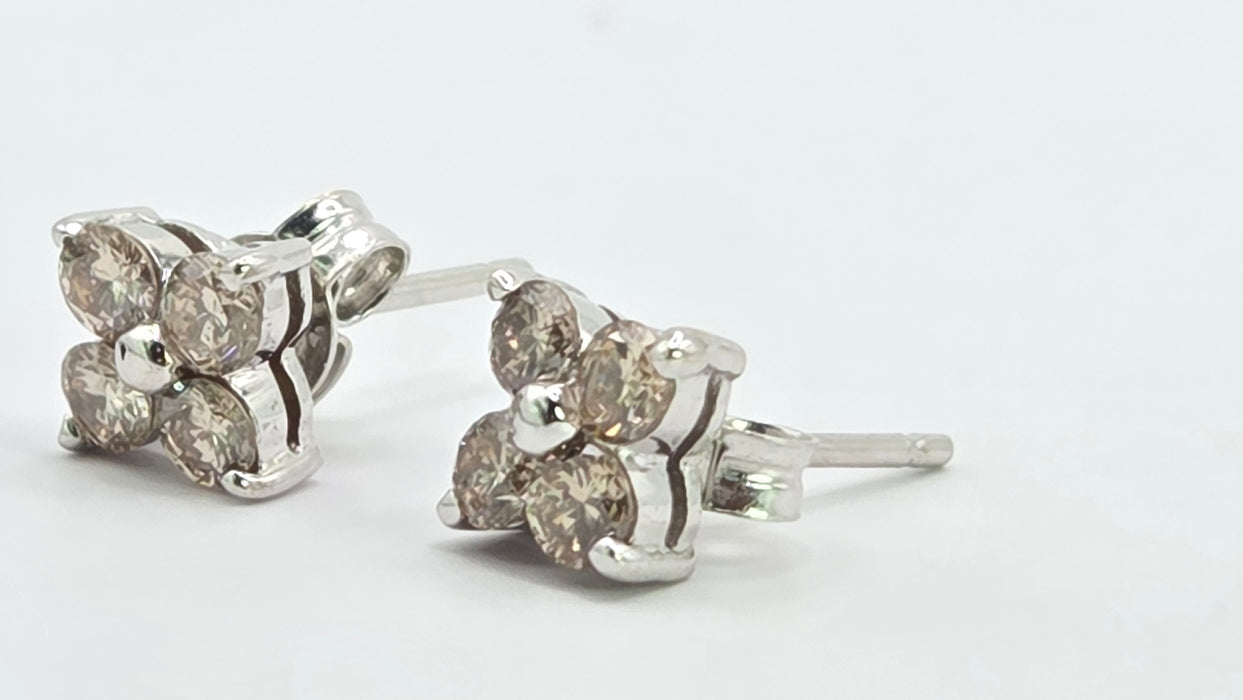 Vintage: 18ct White Gold Champagne Diamond 0.50ct Square Cluster Stud Earrings