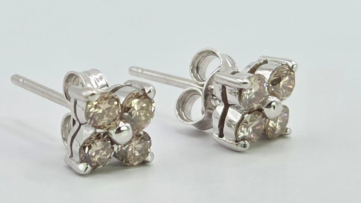 Vintage: 18ct White Gold Champagne Diamond 0.50ct Square Cluster Stud Earrings