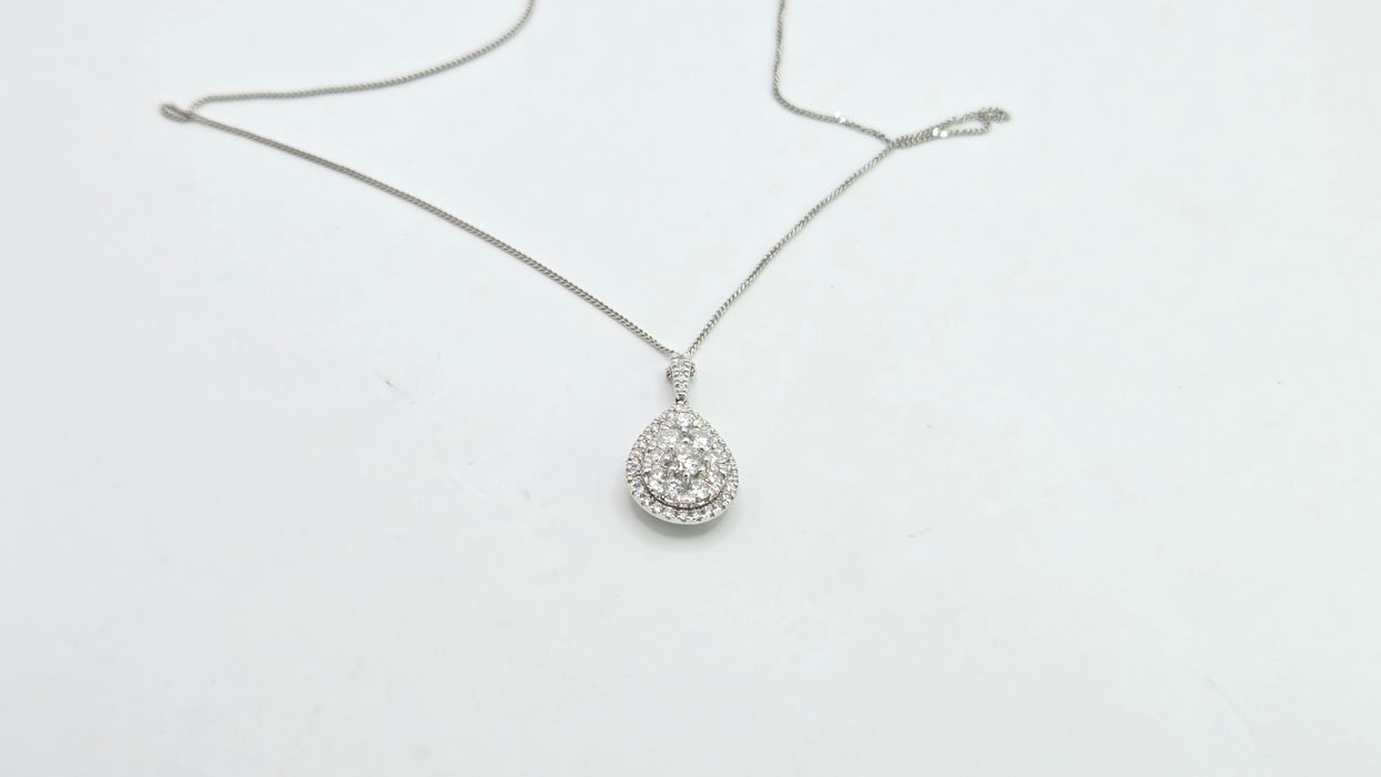 Vintage: Platinum Diamond 0.75ct Pear Shaped Cluster Drop Pendant & Chain