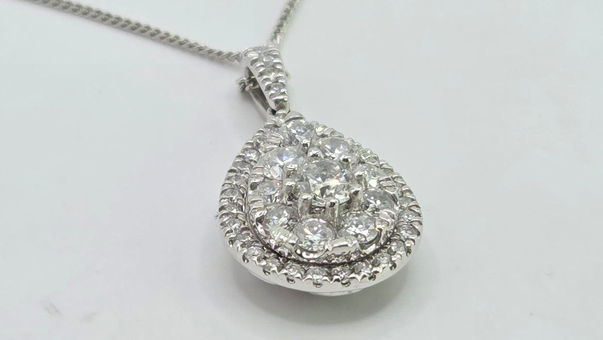 Vintage: Platinum Diamond 0.75ct Pear Shaped Cluster Drop Pendant & Chain