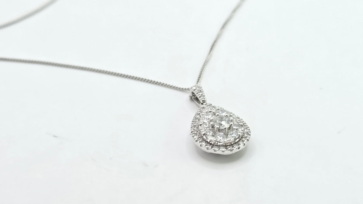 Vintage: Platinum Diamond 0.75ct Pear Shaped Cluster Drop Pendant & Chain