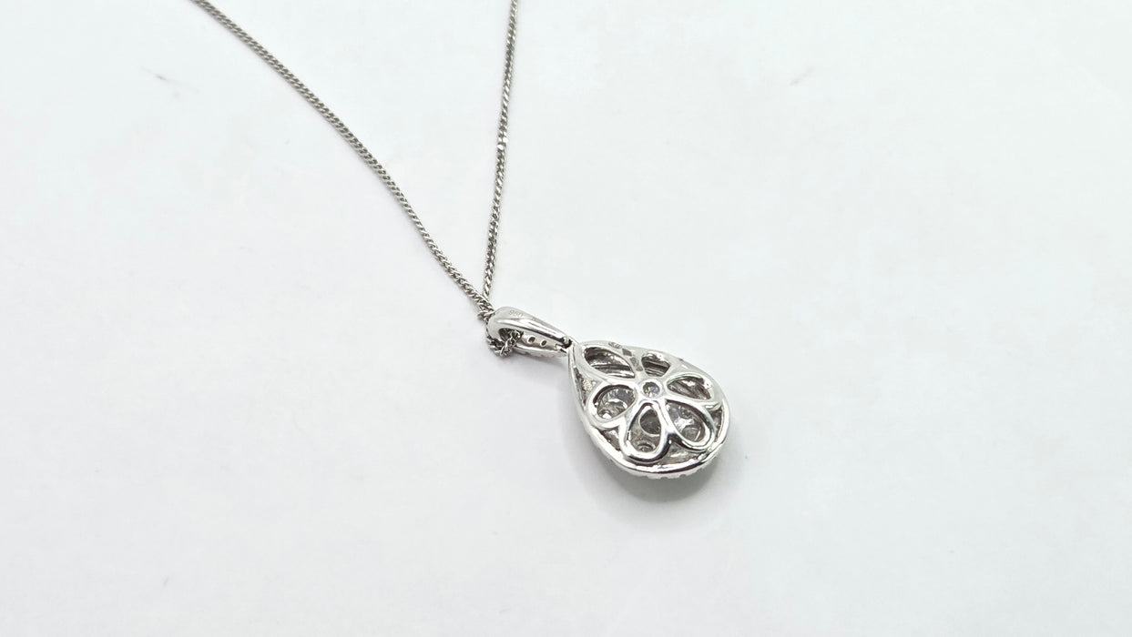 Vintage: Platinum Diamond 0.75ct Pear Shaped Cluster Drop Pendant & Chain