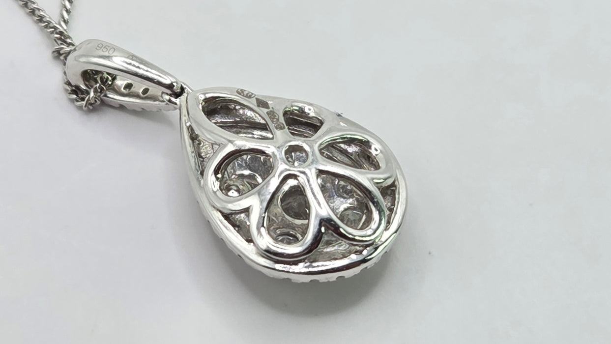 Vintage: Platinum Diamond 0.75ct Pear Shaped Cluster Drop Pendant & Chain