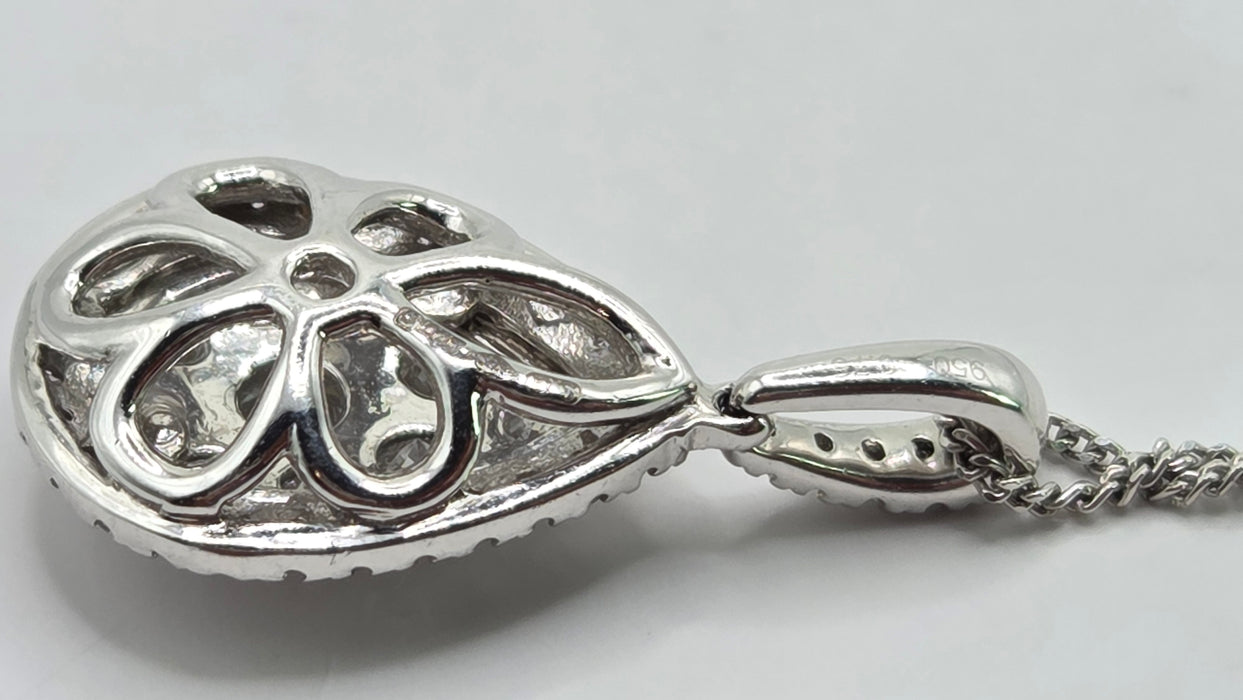 Vintage: Platinum Diamond 0.75ct Pear Shaped Cluster Drop Pendant & Chain