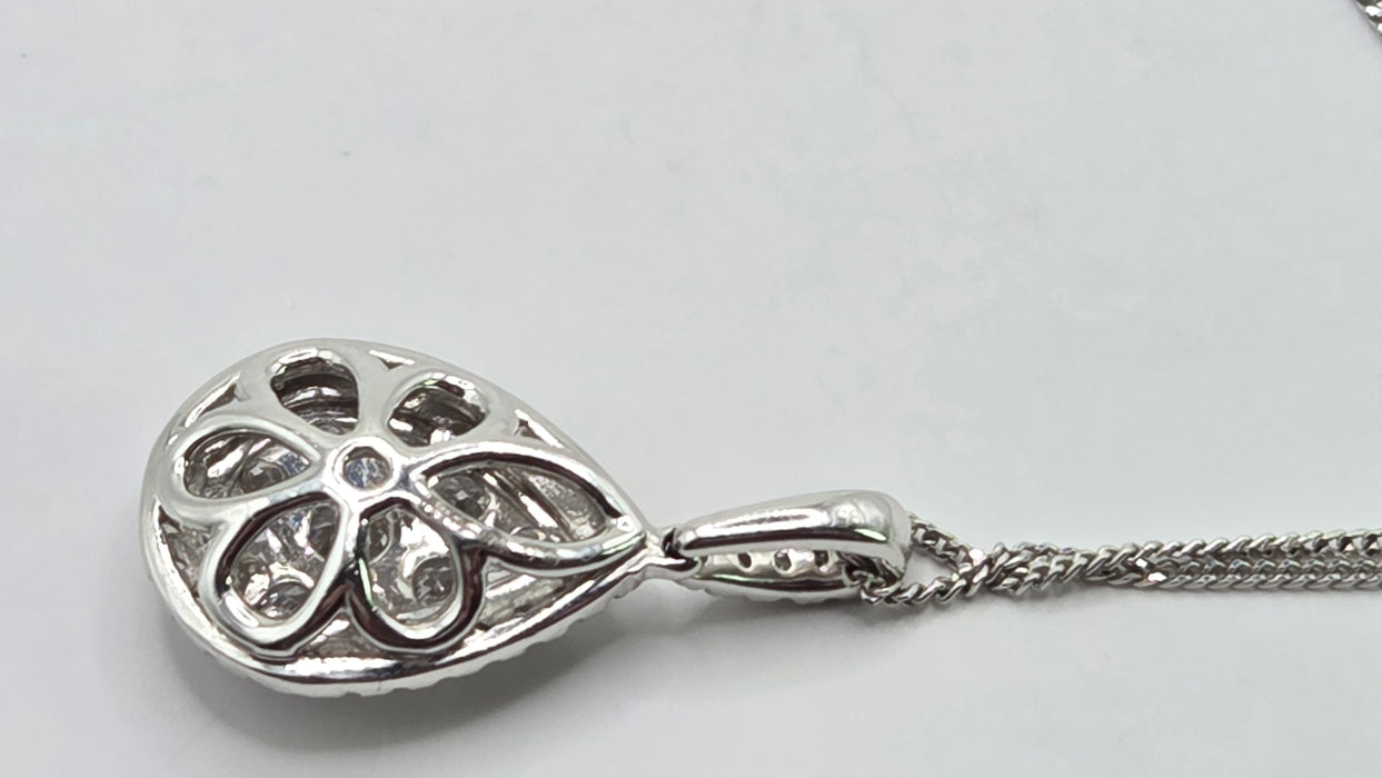 Vintage: Platinum Diamond 0.75ct Pear Shaped Cluster Drop Pendant & Chain
