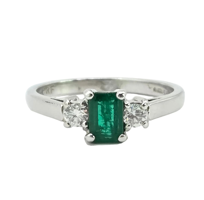 Vintage: Platinum Emerald 0.41ct & Diamond 0.20ct Three Stone Ring
