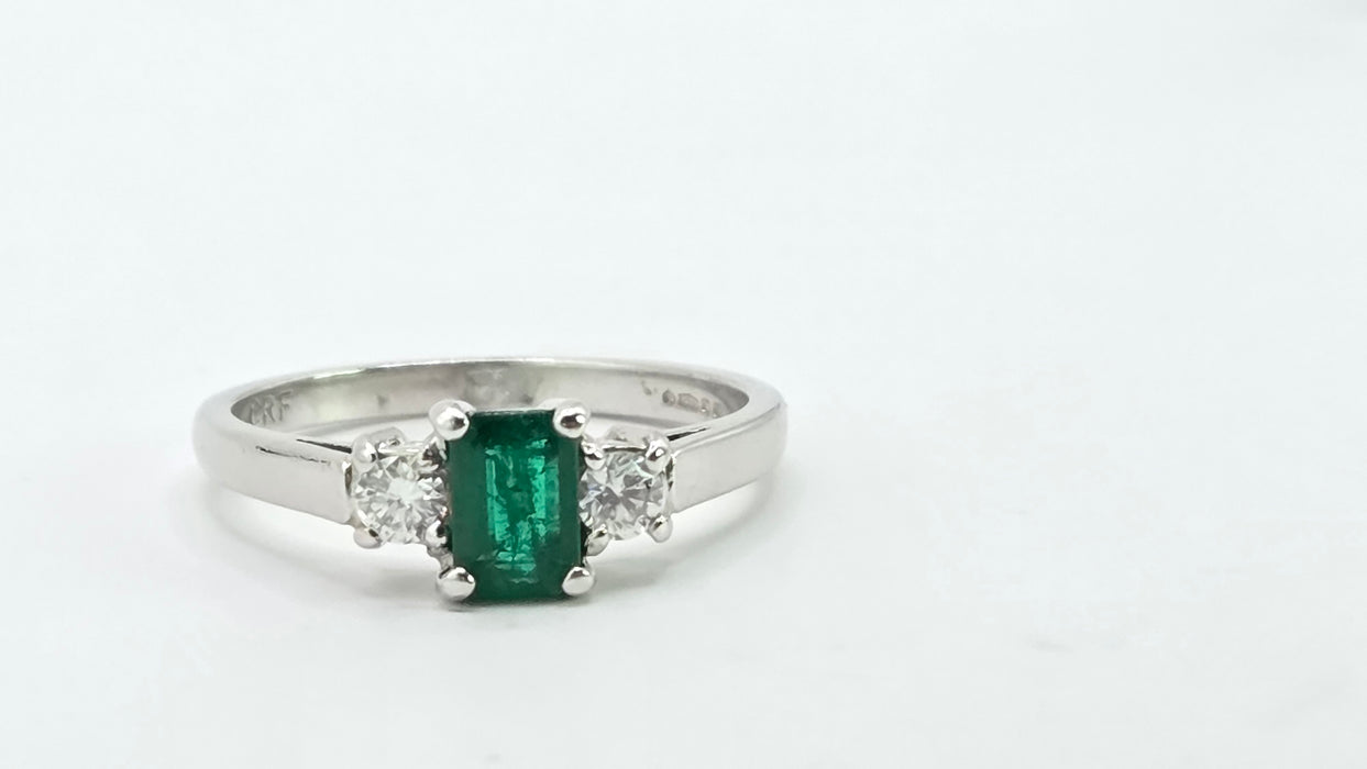 Vintage: Platinum Emerald 0.41ct & Diamond 0.20ct Three Stone Ring