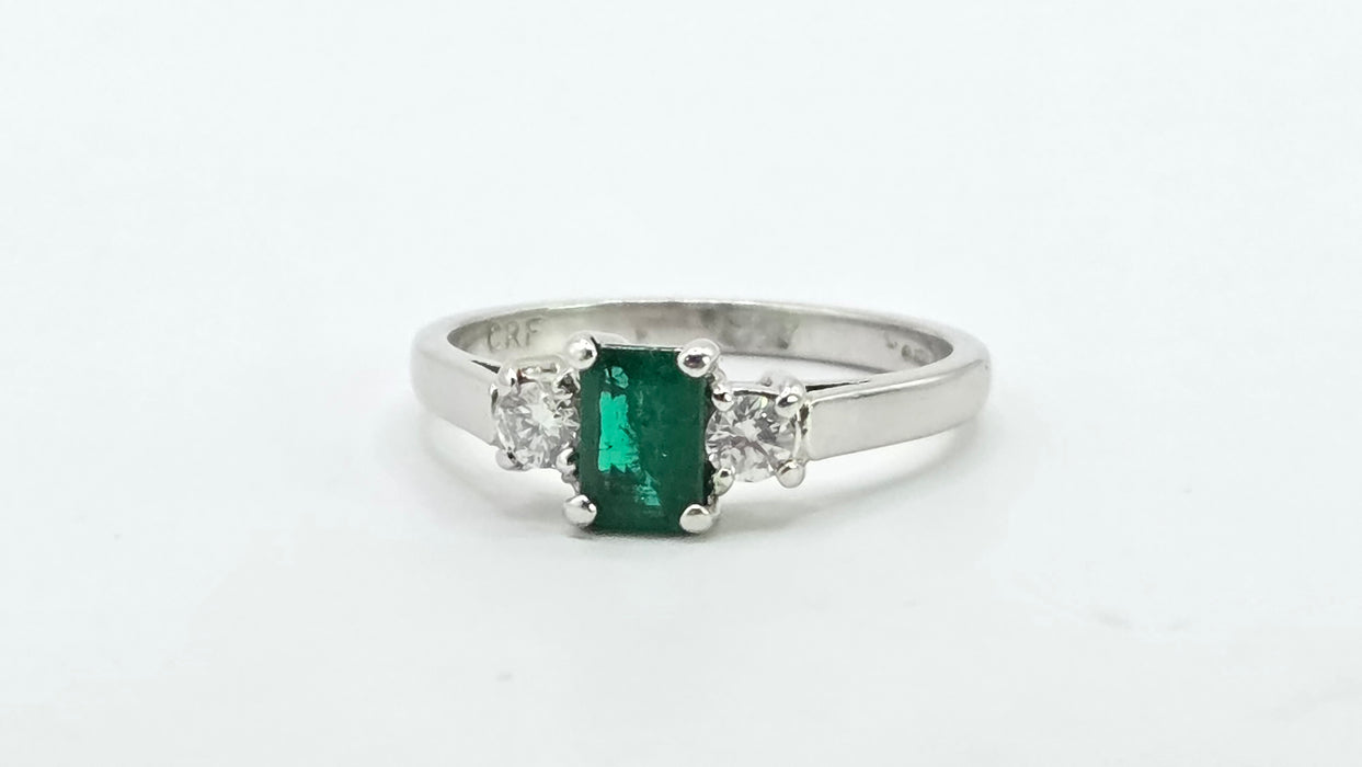 Vintage: Platinum Emerald 0.41ct & Diamond 0.20ct Three Stone Ring