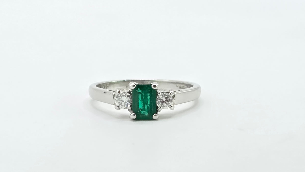 Vintage: Platinum Emerald 0.41ct & Diamond 0.20ct Three Stone Ring