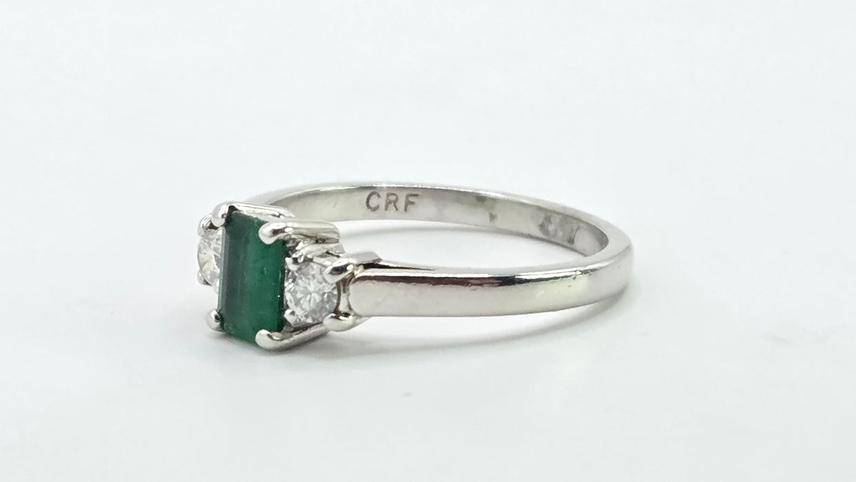 Vintage: Platinum Emerald 0.41ct & Diamond 0.20ct Three Stone Ring