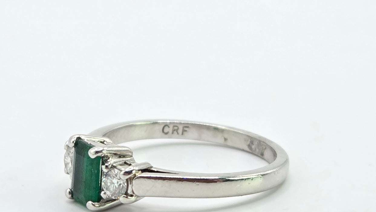Vintage: Platinum Emerald 0.41ct & Diamond 0.20ct Three Stone Ring
