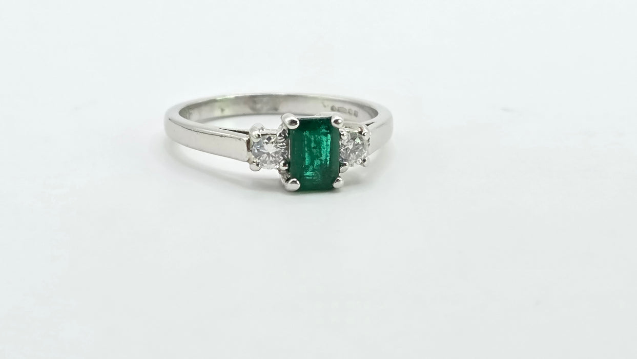 Vintage: Platinum Emerald 0.41ct & Diamond 0.20ct Three Stone Ring