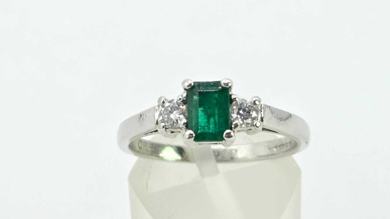 Vintage: Platinum Emerald 0.41ct & Diamond 0.20ct Three Stone Ring