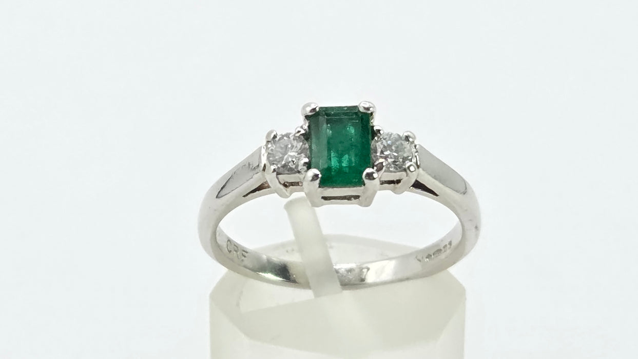 Vintage: Platinum Emerald 0.41ct & Diamond 0.20ct Three Stone Ring