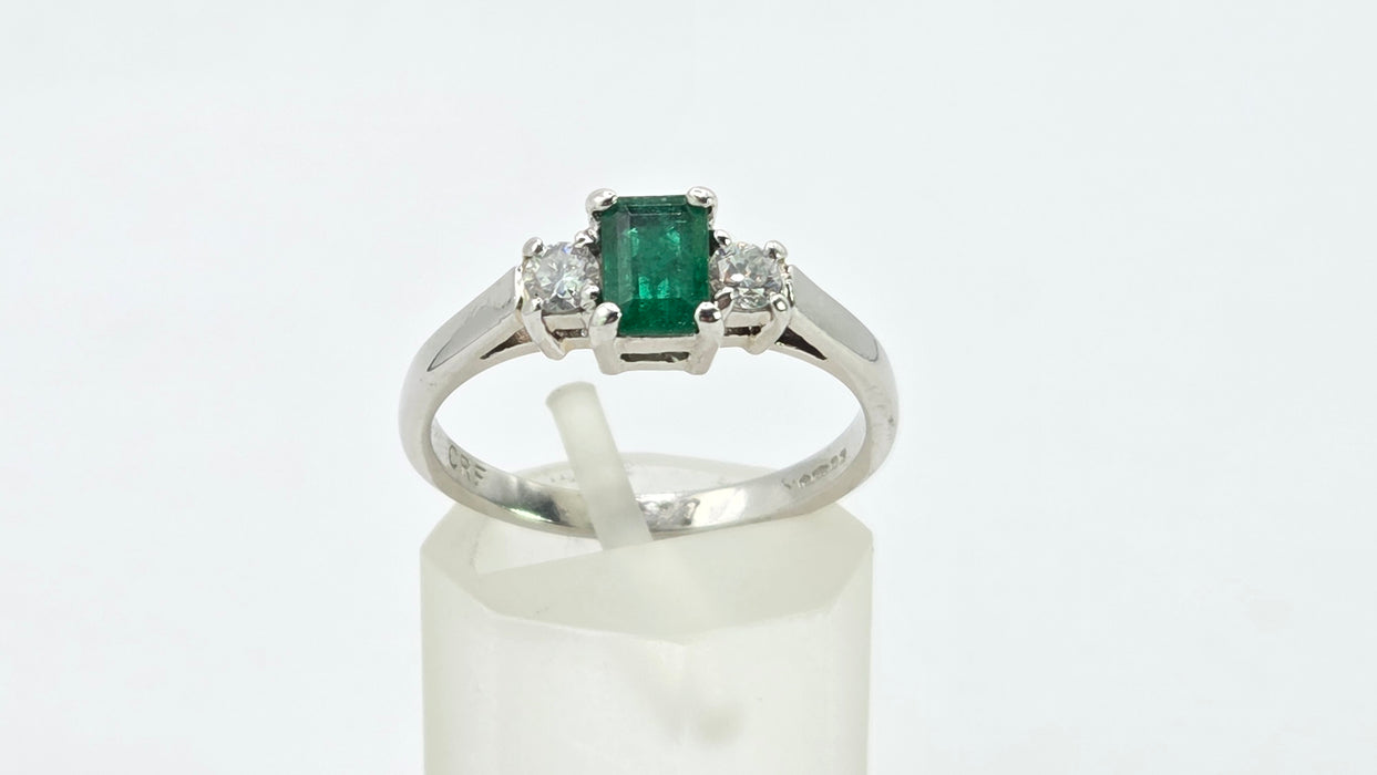 Vintage: Platinum Emerald 0.41ct & Diamond 0.20ct Three Stone Ring