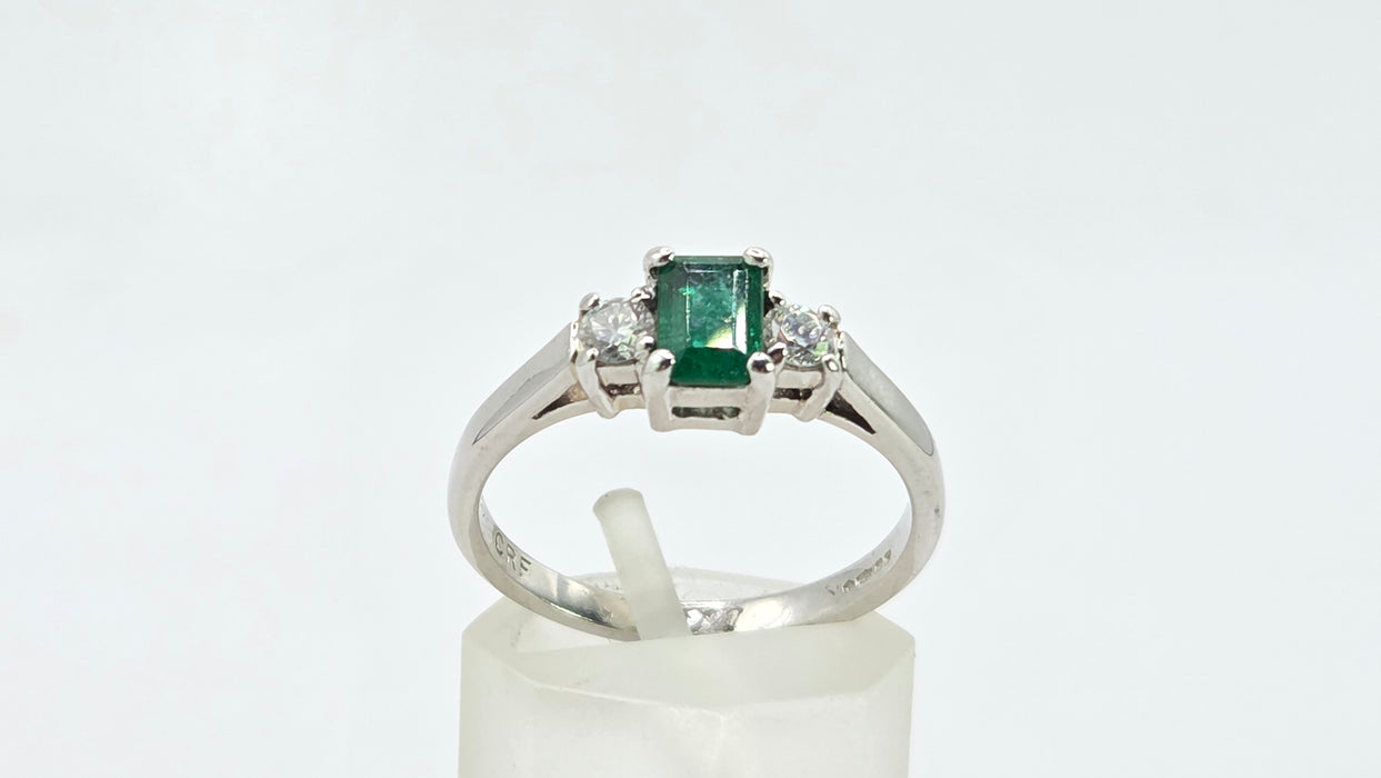 Vintage: Platinum Emerald 0.41ct & Diamond 0.20ct Three Stone Ring