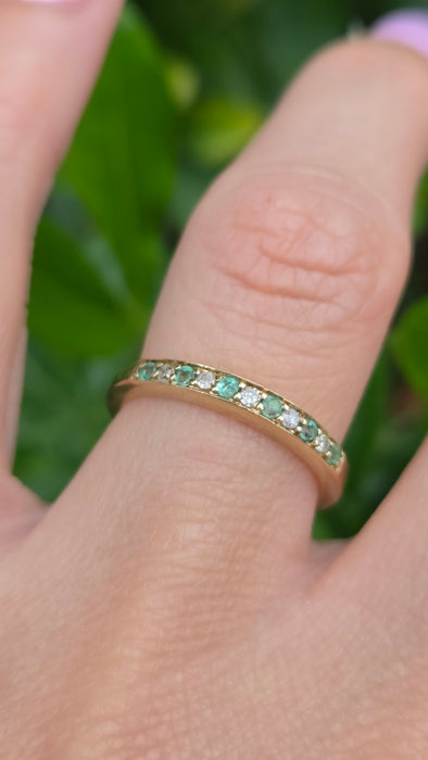 Vintage: 9ct Yellow Gold Emerald & Diamond Half Eternity Stacker Ring