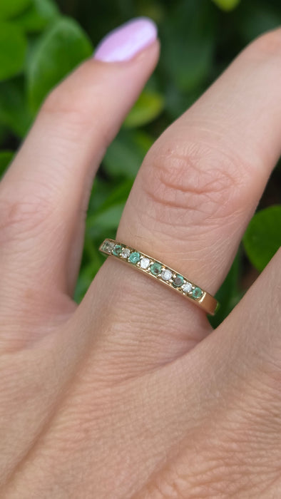 Vintage: 9ct Yellow Gold Emerald & Diamond Half Eternity Stacker Ring