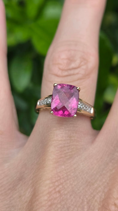 Vintage: 14ct Yellow Gold Rubellite & Diamond Dress Ring