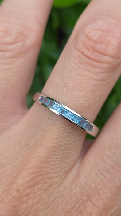 Vintage: 9ct White Gold Blue Topaz Channel Set Half Eternity Ring