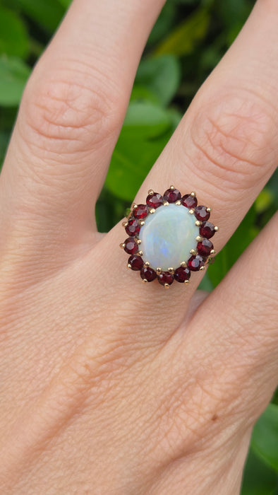 Vintage: 9ct Yellow Gold Opal & Garnet Oval Cluster Ring