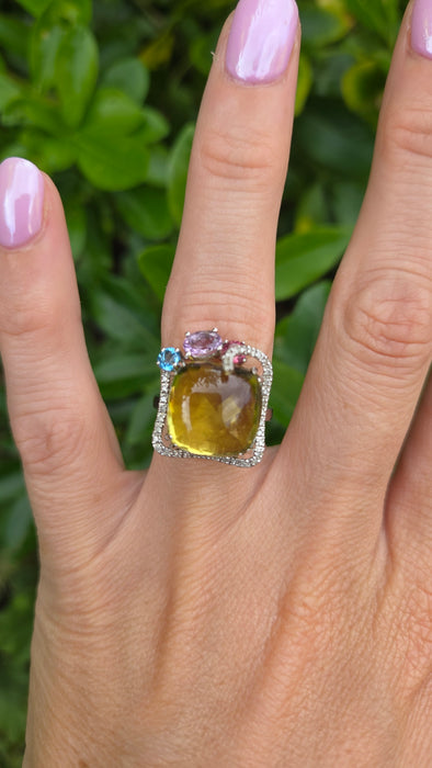 Vintage: 9ct White Gold Lemon Quartz, Topaz, Amethyst, Garnet & Diamond Multigem Cocktail Ring