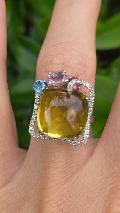 Vintage: 9ct White Gold Lemon Quartz, Topaz, Amethyst, Garnet & Diamond Multigem Cocktail Ring