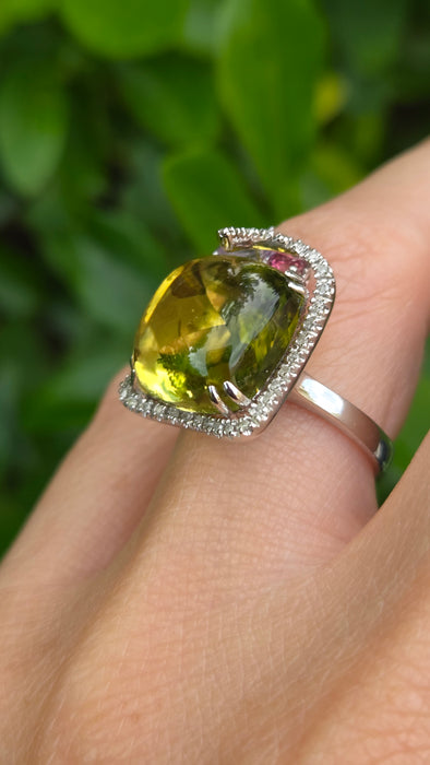 Vintage: 9ct White Gold Lemon Quartz, Topaz, Amethyst, Garnet & Diamond Multigem Cocktail Ring
