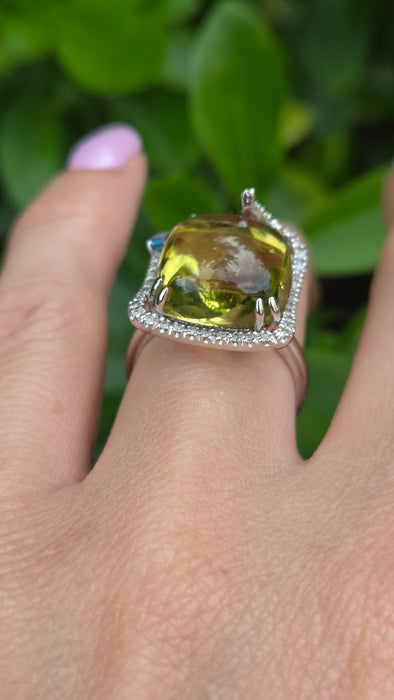 Vintage: 9ct White Gold Lemon Quartz, Topaz, Amethyst, Garnet & Diamond Multigem Cocktail Ring