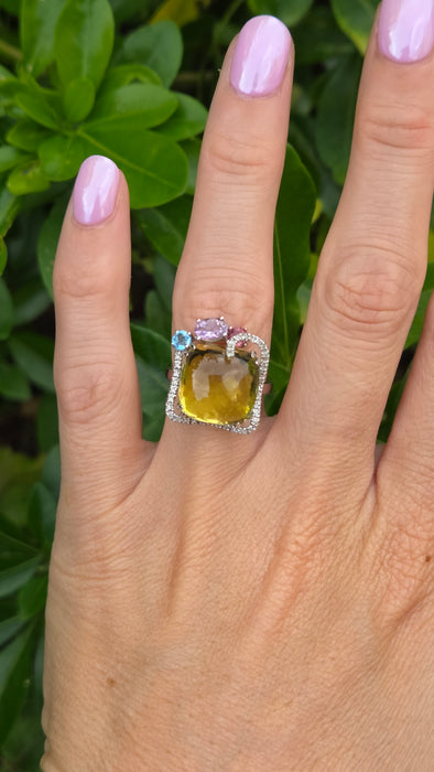 Vintage: 9ct White Gold Lemon Quartz, Topaz, Amethyst, Garnet & Diamond Multigem Cocktail Ring