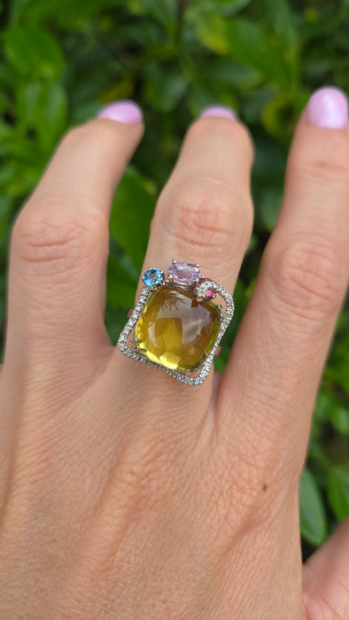 Vintage: 9ct White Gold Lemon Quartz, Topaz, Amethyst, Garnet & Diamond Multigem Cocktail Ring